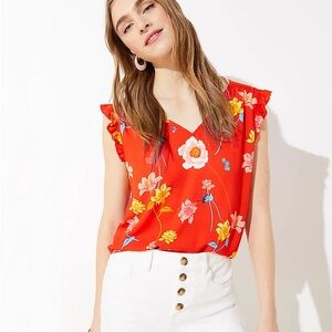 LOFT Yellow and Red Ruffled Sleeveless Blouse